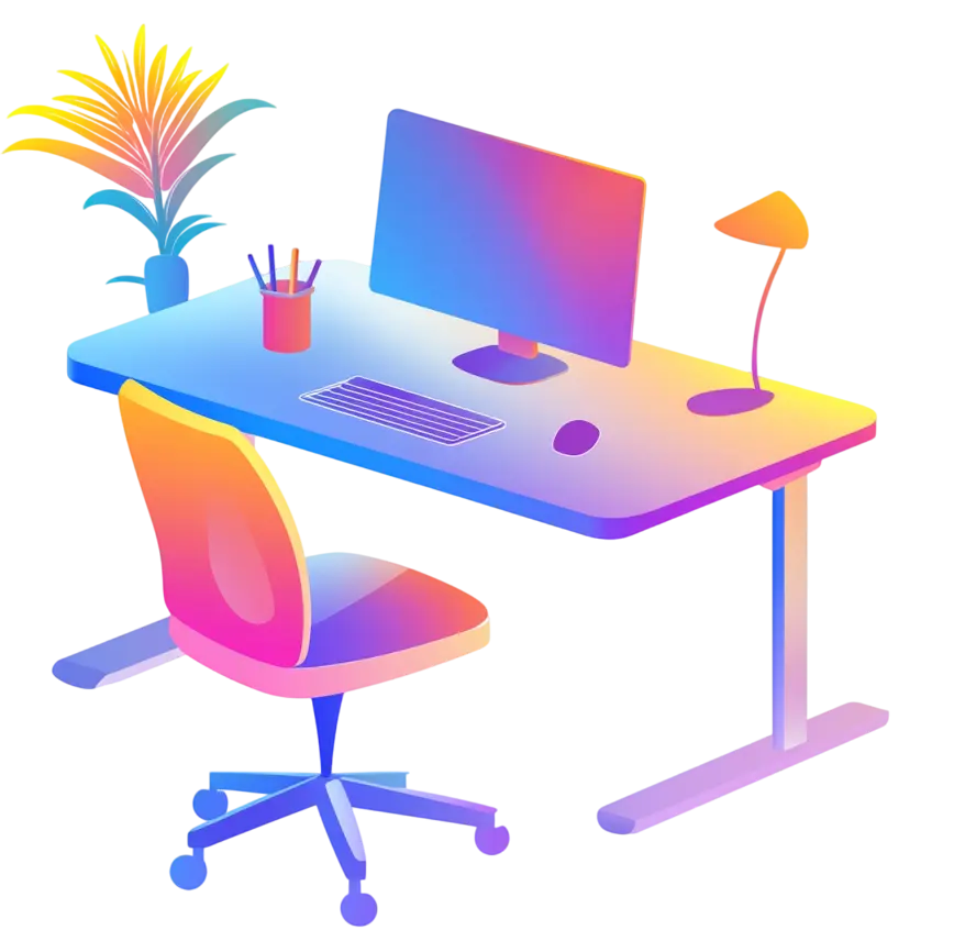 Futuristische illustratie van een bureau met bureaustoel, toetsenbord, scherm en bureaulamp.