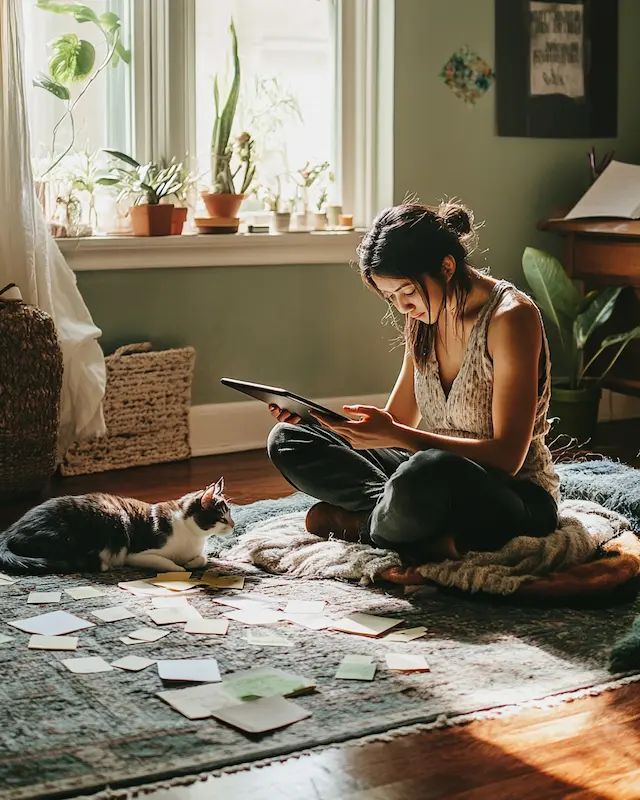 Vrouw zit op de vloer met tablet omringd door creatieve notities, kat ligt erbij