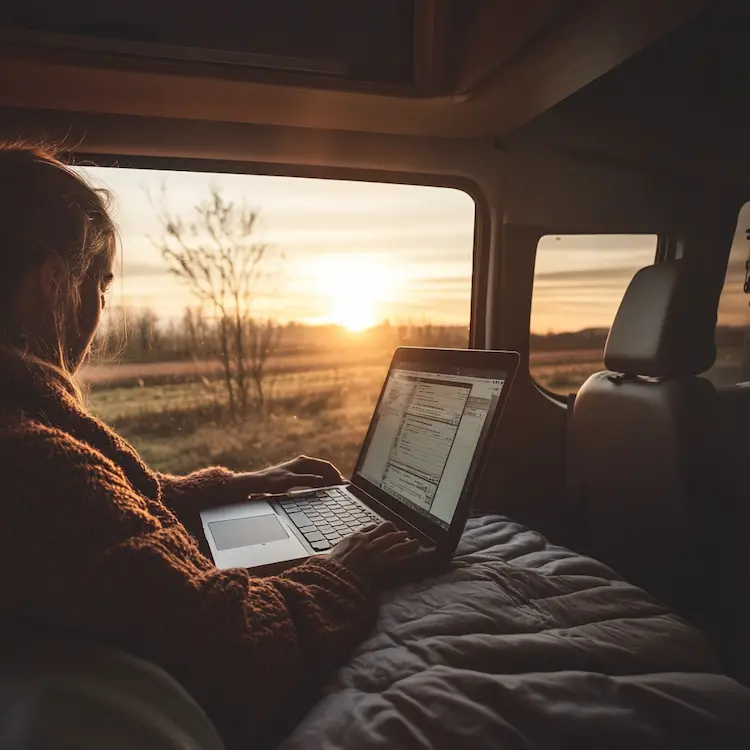 Vrouw werkt op laptop in camper terwijl de zon ondergaat boven het platteland