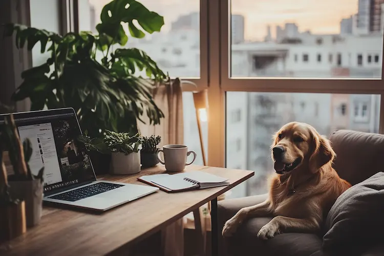 Thuiswerkplek met laptop, planten en een golden retriever op een stoel bij het raam tijdens zonsondergang.