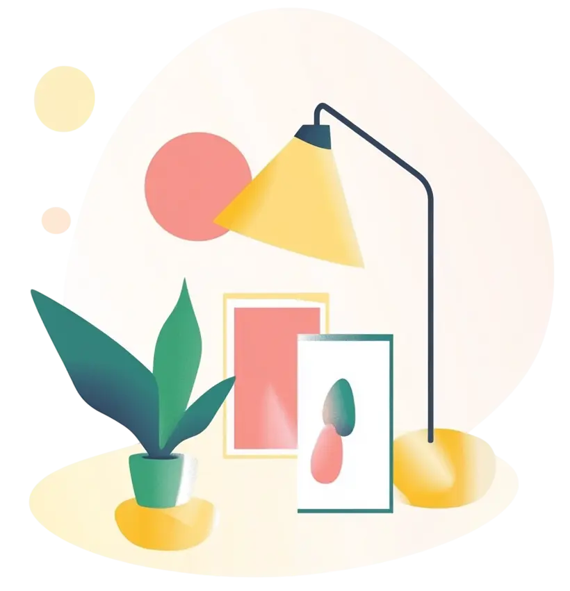 Gestileerde afbeelding van een kamerhoek met kamerplant, wanddecoratie en gele vloerlamp.