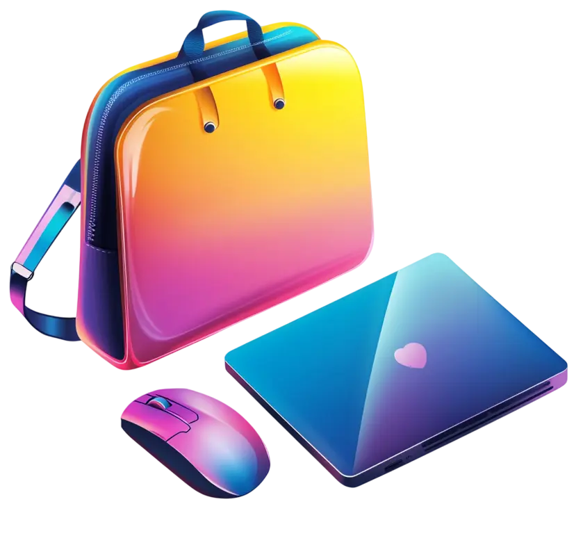 Gekleurde laptoptas, laptop en muis in een moderne, glanzende stijl met regenboogkleuren.