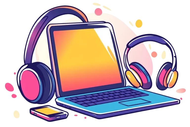 Digitale illustratie van een laptop, smartphone en twee soorten hoofdtelefoons in felle kleuren.