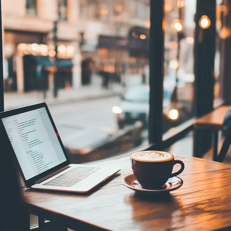 Laptop en cappuccino op tafeltje bij raam met straatzicht