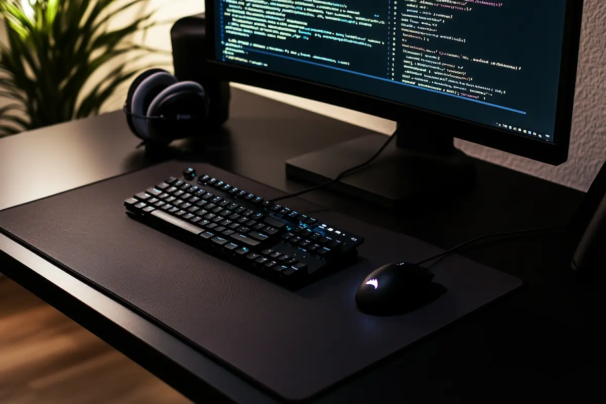 Donker bureau met groot scherm, koptelefoon en toetsenbord voor programmeren