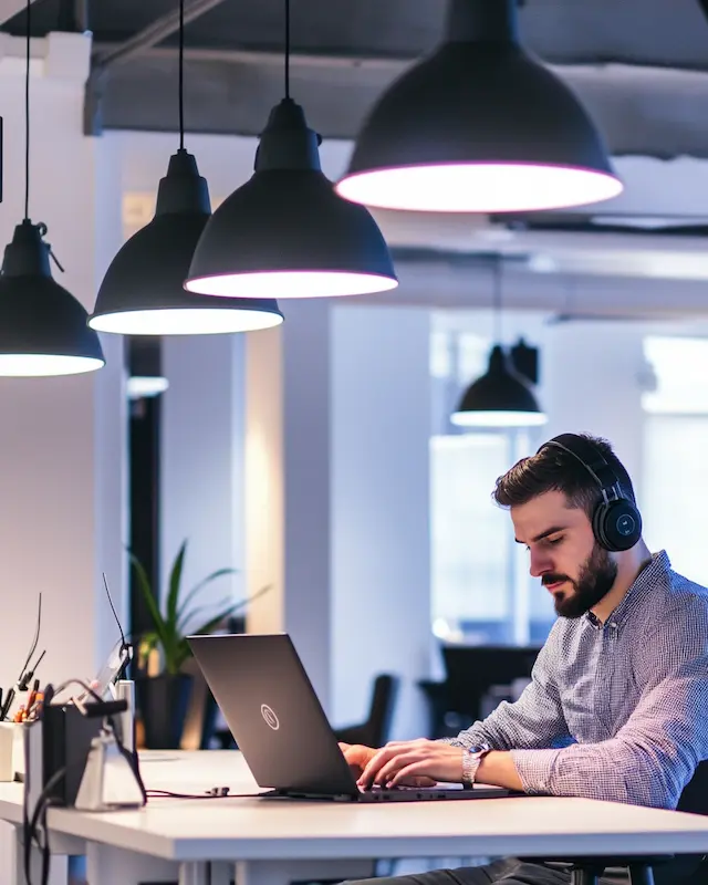 Professionele kantooromgeving met man die geconcentreerd werkt op laptop met koptelefoon, hybride werksituatie.