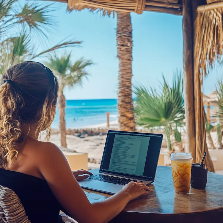 Vrouw werkt met laptop aan strand met palmbomen op achtergrond