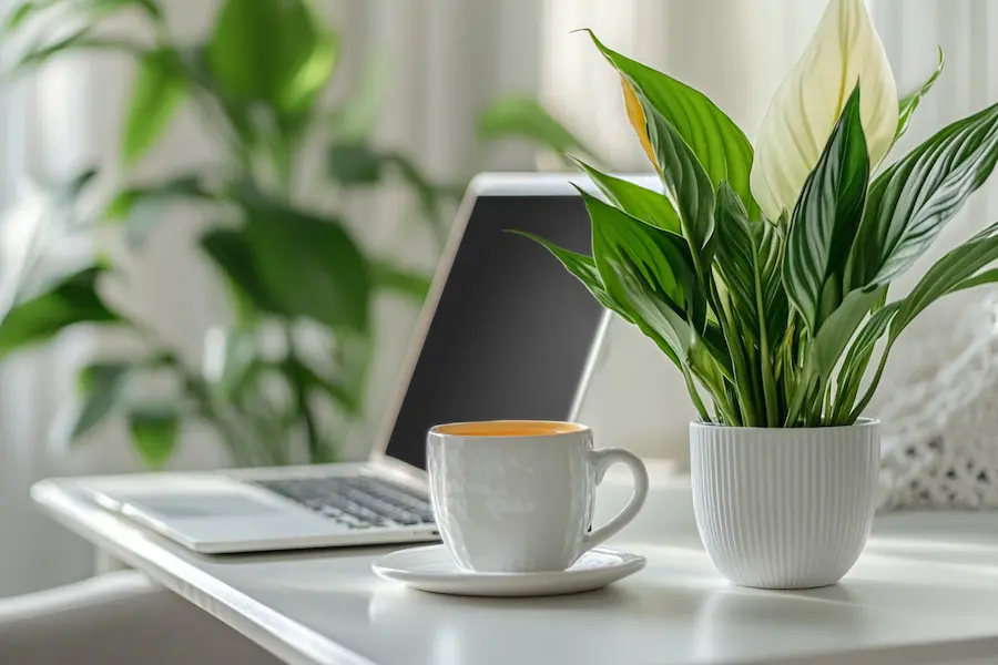 Wit bureau met laptop, koffiekop en vredeslelie in een lichte ruimte vol planten.