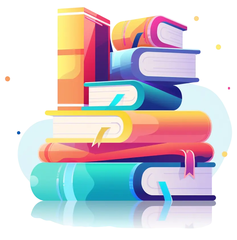 Illustratie van een kleurrijke stapel boeken met boekenleggers, tegen een lichtblauwe achtergrond.