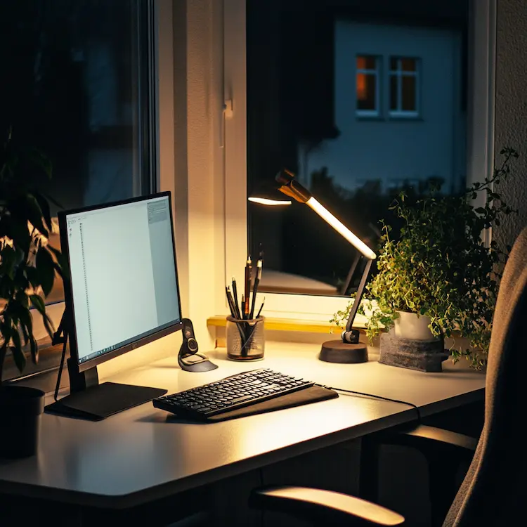 Thuiswerkplek 's avonds met bureaulamp en planten