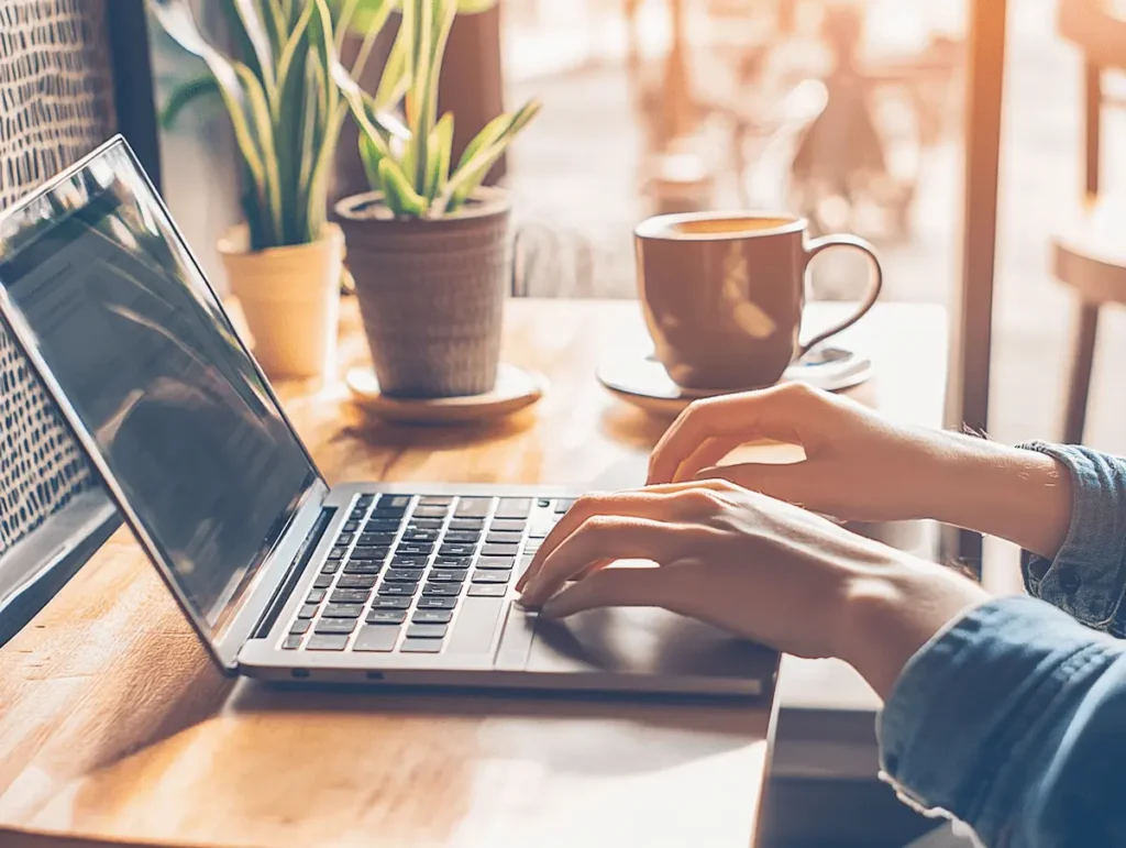 Laptop op een houten tafel met koffiekopje en planten, ideaal voor thuiswerken of als digitale nomade.