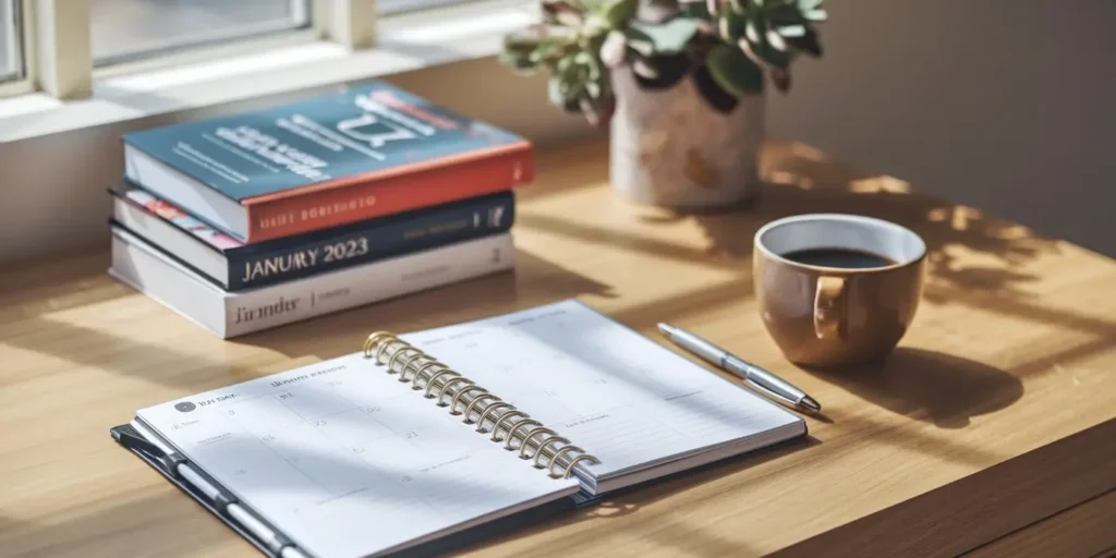 Planner, boeken en koffie op een bureau in natuurlijk licht