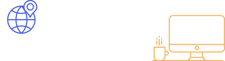 Logo van WereldWerkPlek met wereldbol en computerscherm in blauw en oranje lijnen op transparante achtergrond.