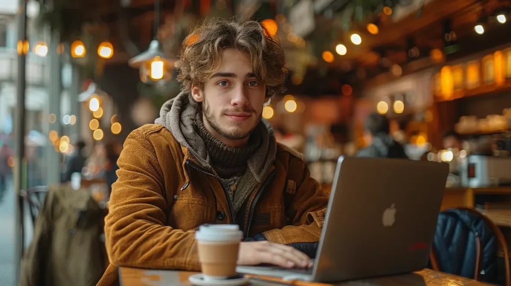 Digitale nomade werkt aan laptop in een sfeervolle koffiebar