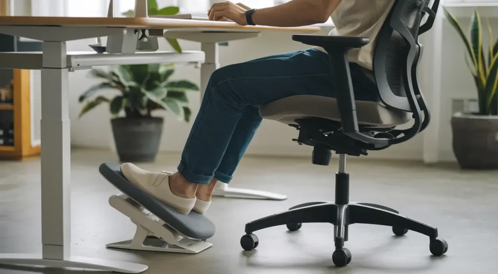 Hybride werker aan een verstelbaar bureau met ergonomische bureaustoel en voetensteun voor een gezonde houding.