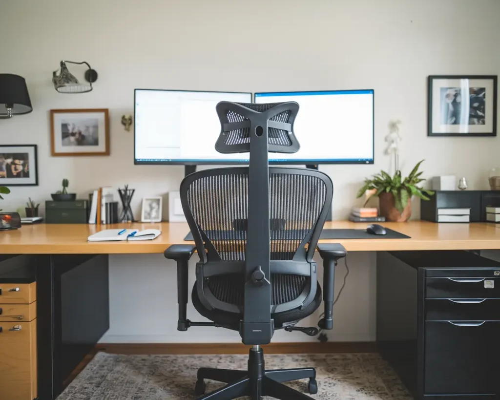 Ergonomische bureaustoel en dubbele monitoren op een ruim bureau in een productief thuiskantoor.