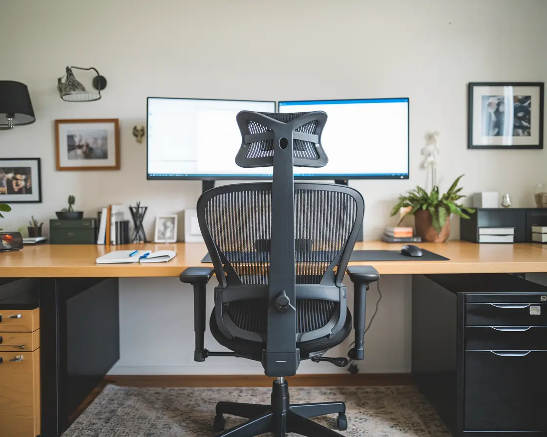 Ergonomische bureaustoel en dubbele monitoren op een ruim bureau in een productief thuiskantoor.