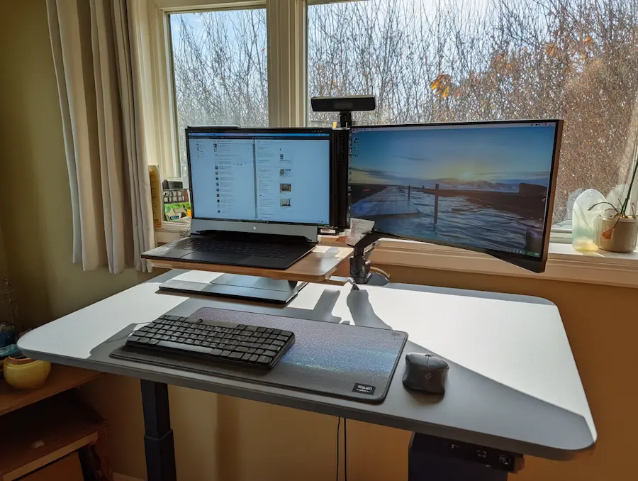 Thuiswerkplek met elektrisch verstelbaar bureau en dubbele monitoren, geplaatst voor een raam met uitzicht op de natuur.