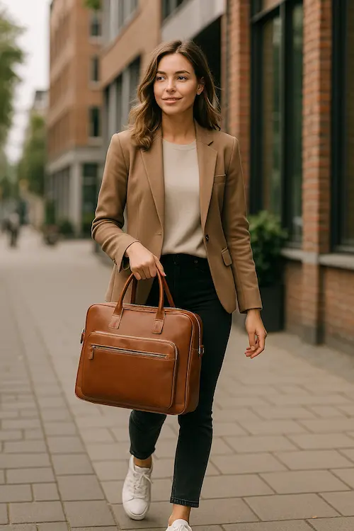 Vrouw wandelt over een stadstrottoir met een camel-kleurige leren hippe laptoptas in haar hand, gekleed in een beige blazer, zwarte broek en witte sneakers.