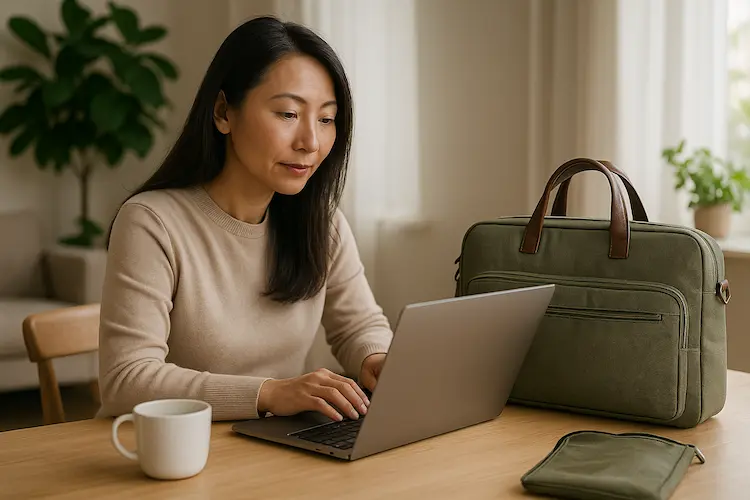Vrouw zit aan een houten tafel in een lichte woonkamer en typt op haar laptop; naast haar staat een olijfgroene hippe laptoptas met leren handgrepen en een bijpassende accessoire pouch.