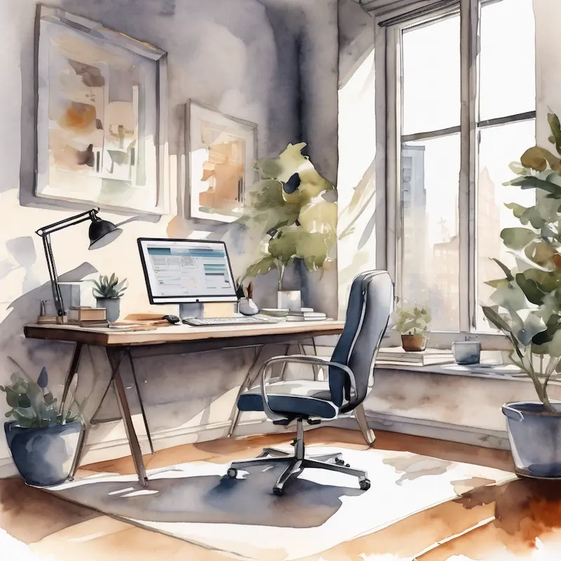 Gezellige werkhoek met een comfortabele beige leren bureaustoel, een houten bureau, kamerplanten en een groot raam met warme lichtinval. De sfeer is huiselijk en uitnodigend, perfect voor productiviteit.