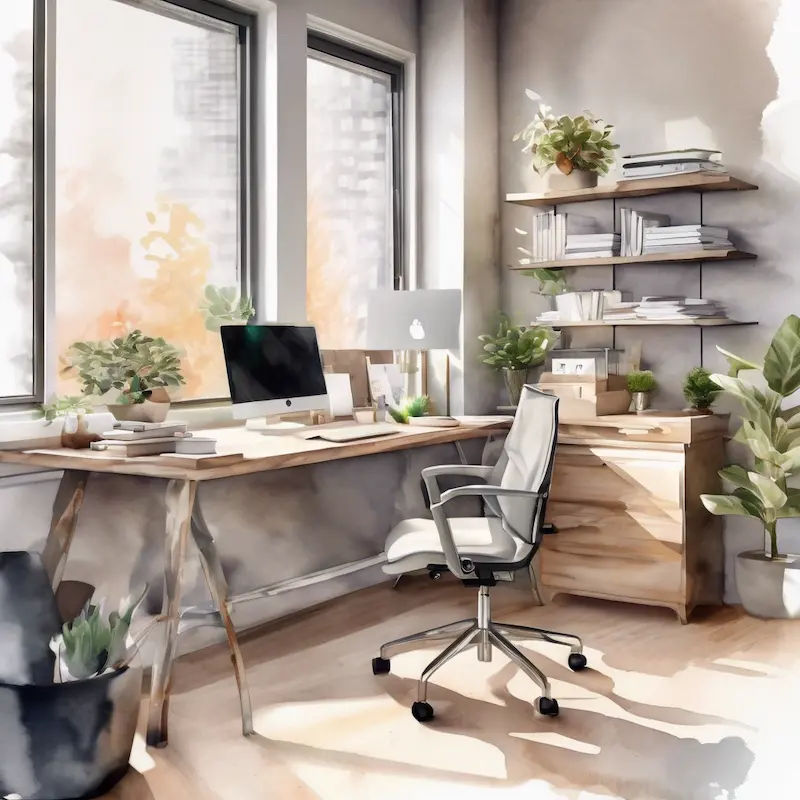 Oranje ergonomische bureaustoel met metalen onderstel naast een klassiek houten bureau. Omringd door planten en natuurlijk licht, ideaal voor een stijlvolle en comfortabele werkplek.
