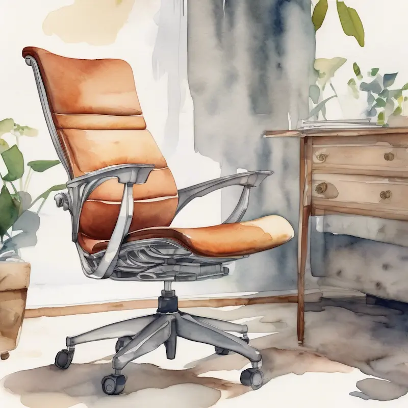 Lichte en moderne thuiswerkplek met een houten bureau, een witte ergonomische bureaustoel, een iMac, en veel groene kamerplanten. Grote ramen laten zacht herfstlicht binnen voor een serene werksfeer.