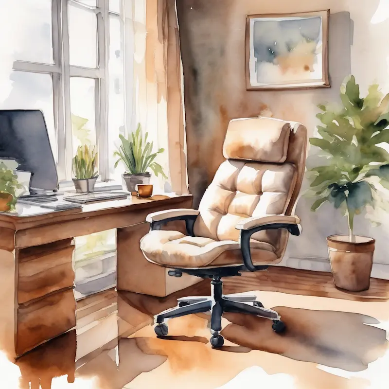 Minimalistisch thuiskantoor met een slank bureau, een ergonomische bureaustoel, grote ramen met uitzicht op de stad, en veel planten. Op het computerscherm is een spreadsheet zichtbaar, wat wijst op een werkmoment.