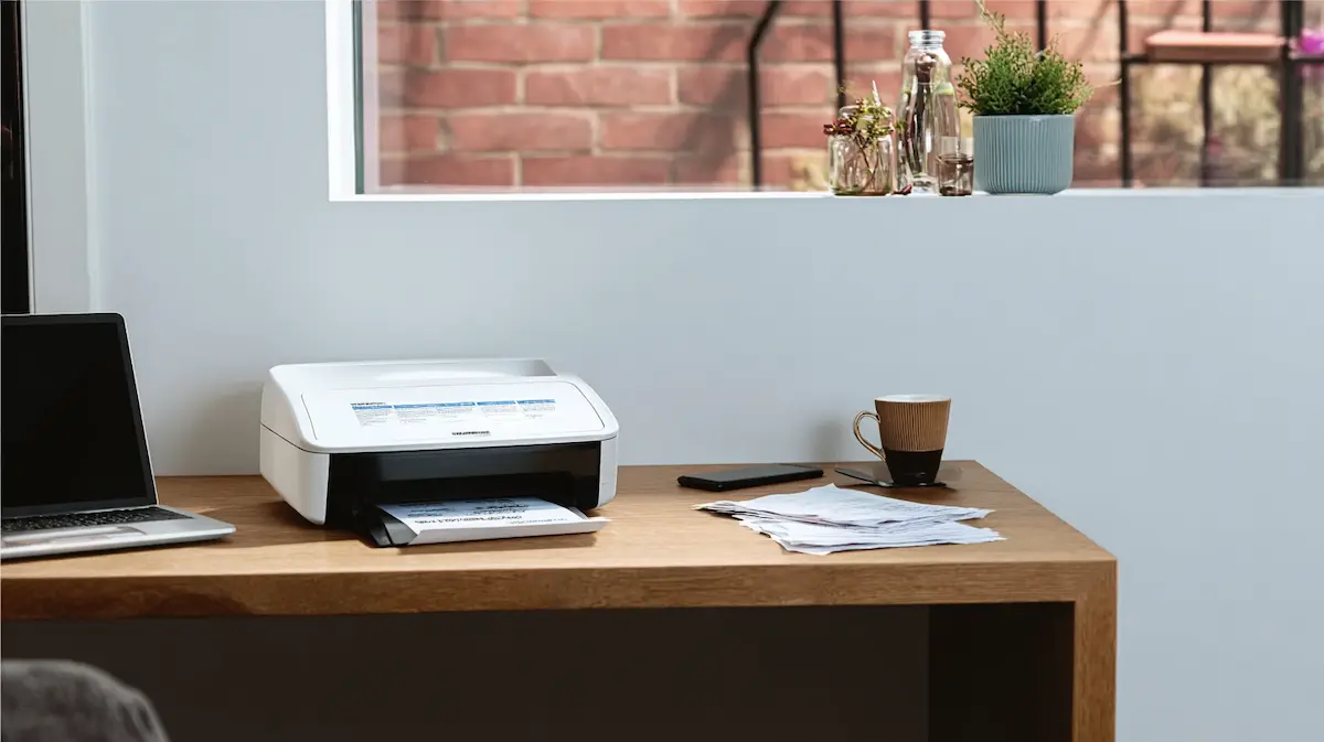 Een opgeruimde thuiswerkplek met een houten bureau waarop een laptop, een witte documentscanner, een stapel gescande documenten, een smartphone en een bruine koffiemok liggen. Op de vensterbank staan glazen flessen en plantjes, met zicht op een bakstenen muur buiten.