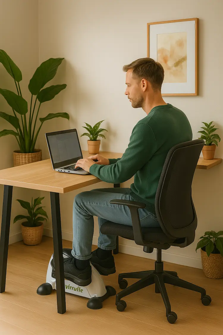 Man werkt aan een laptop aan een houten bureau terwijl hij een witte mini hometrainer van het merk Virrufe gebruikt onder zijn bureau. Hij zit in een ergonomische bureaustoel in een rustige ruimte met meerdere groene kamerplanten en een ingelijste schildering aan de muur.