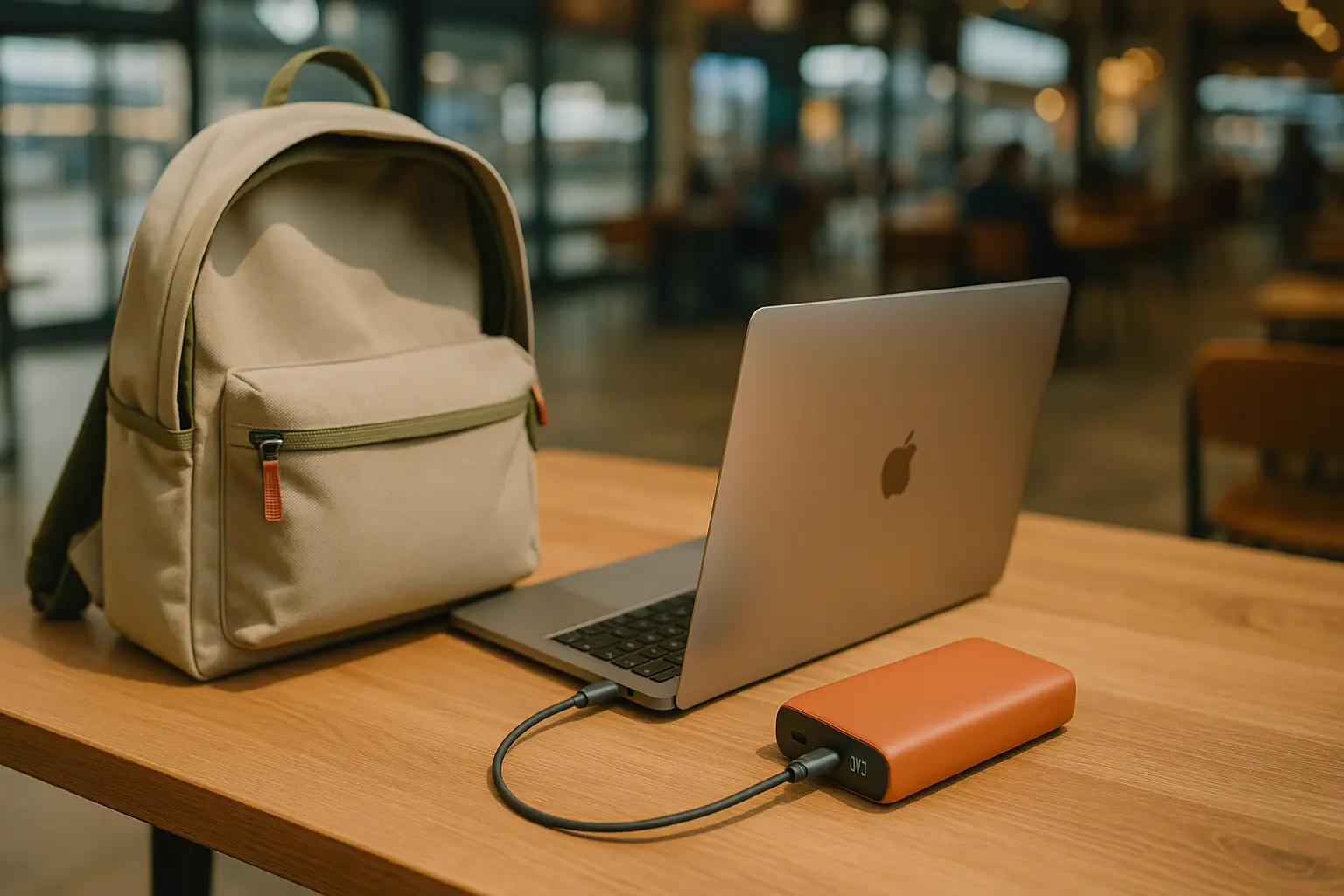 Laptop aangesloten op een powerbank van 20 000 mAh in een rugzak op tafel in een café of treinstation – lifestylefoto die mobiel werken en opladen onderweg laat zien.