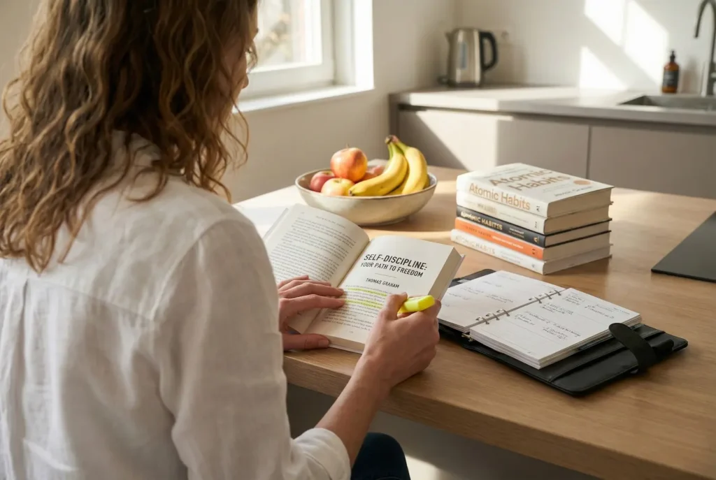 Persoon leest een boek over zelfdiscipline en maakt aantekeningen aan een rustige keukentafel met fruit en notitieboek