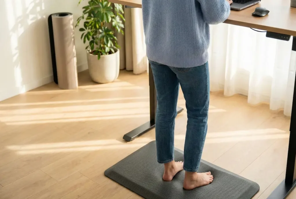 Thuiswerker staat op een zachte anti-vermoeidheidsmat aan een zit-sta bureau, wat zorgt voor meer comfort en een gezonde werkhouding